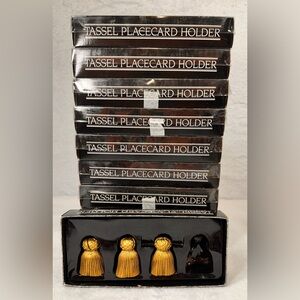 A Set 4 Golden Distressed Tassel Name Place Stands Dish Labels 8 Title Cards